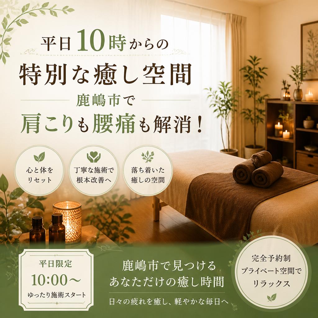 平日10時からの特別な癒し空間、鹿嶋市で肩こりも腰痛も解消！